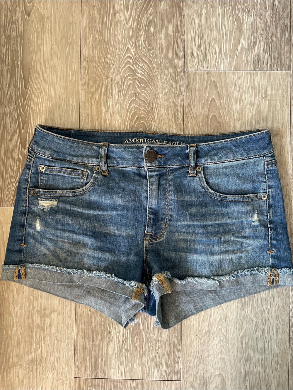 American Eagle Shortie Denim Jean Shorts Ripped Distressed Size 12
